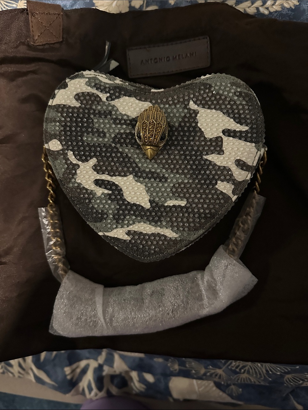 Kurt Geiger Heart-Shaped Mini Crossbody in Gray Camo with Gold Accent